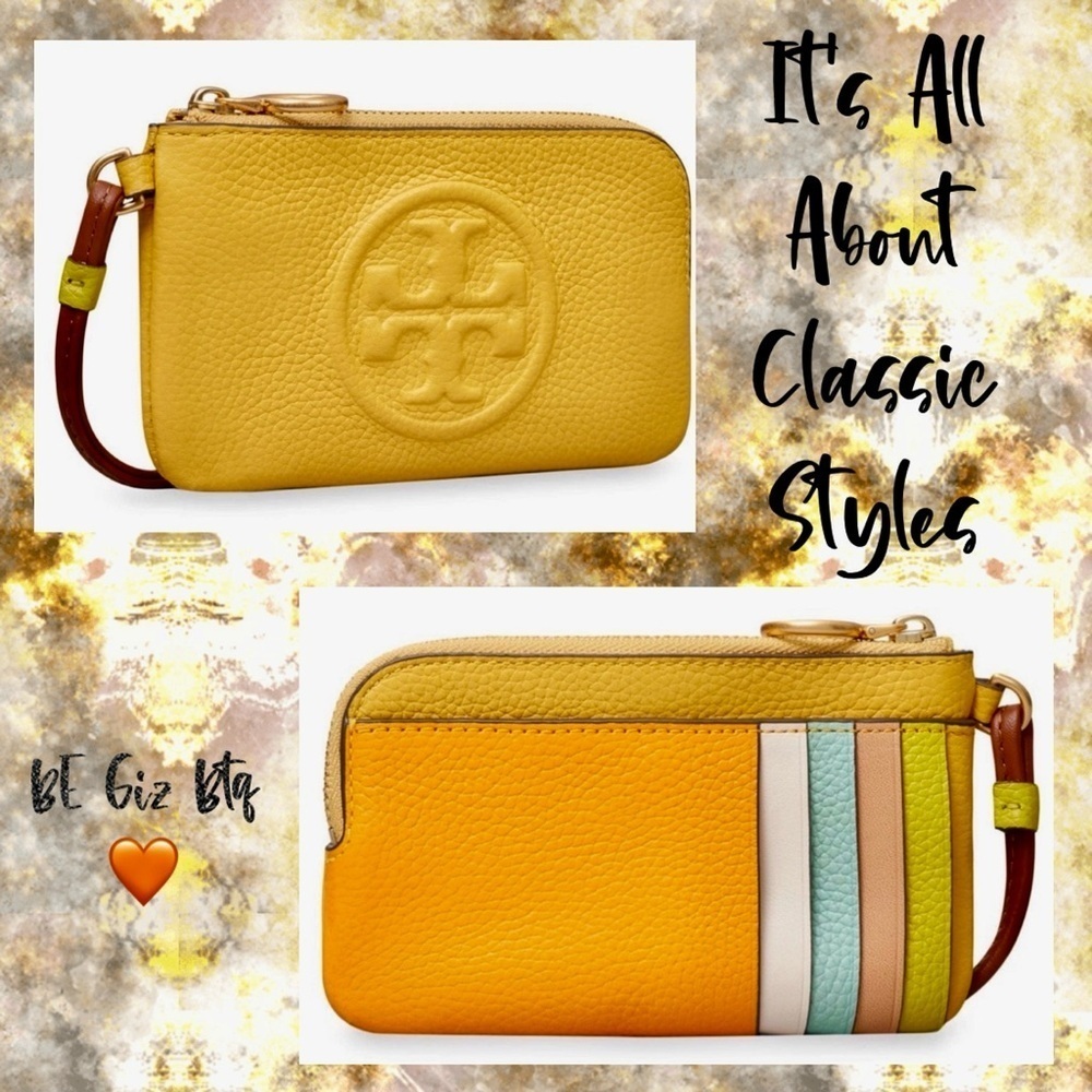 🆑 Tory Burch Authentic Leather Color Block Zip Card Case Yellow NWT